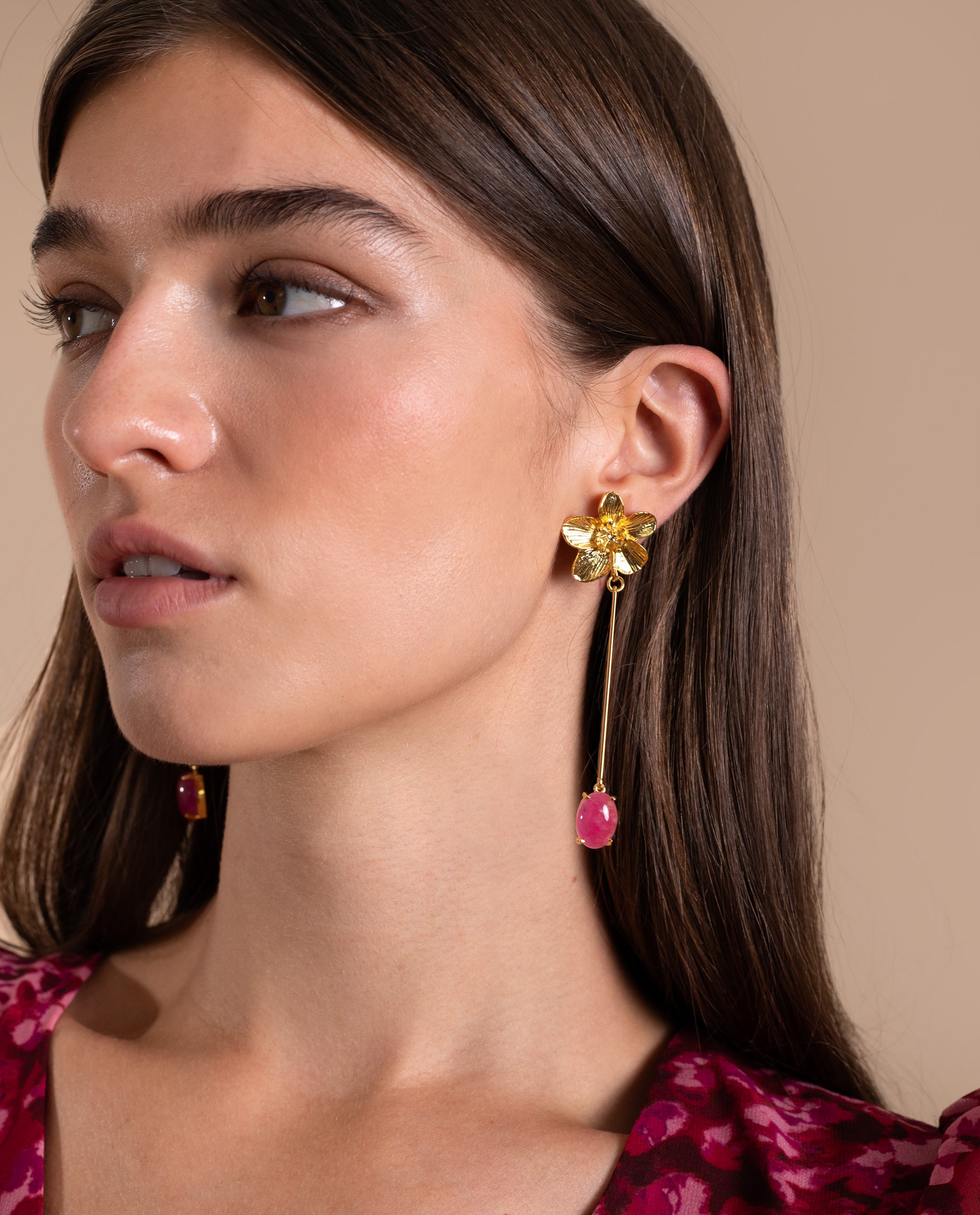 DAISY DANGLE PINK EARRINGS - GOLD PLATED