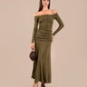 Vestido Midi Verde Ajustado de Manga Larga con Brillo y Escote Bardot | Invitadas THE-ARE