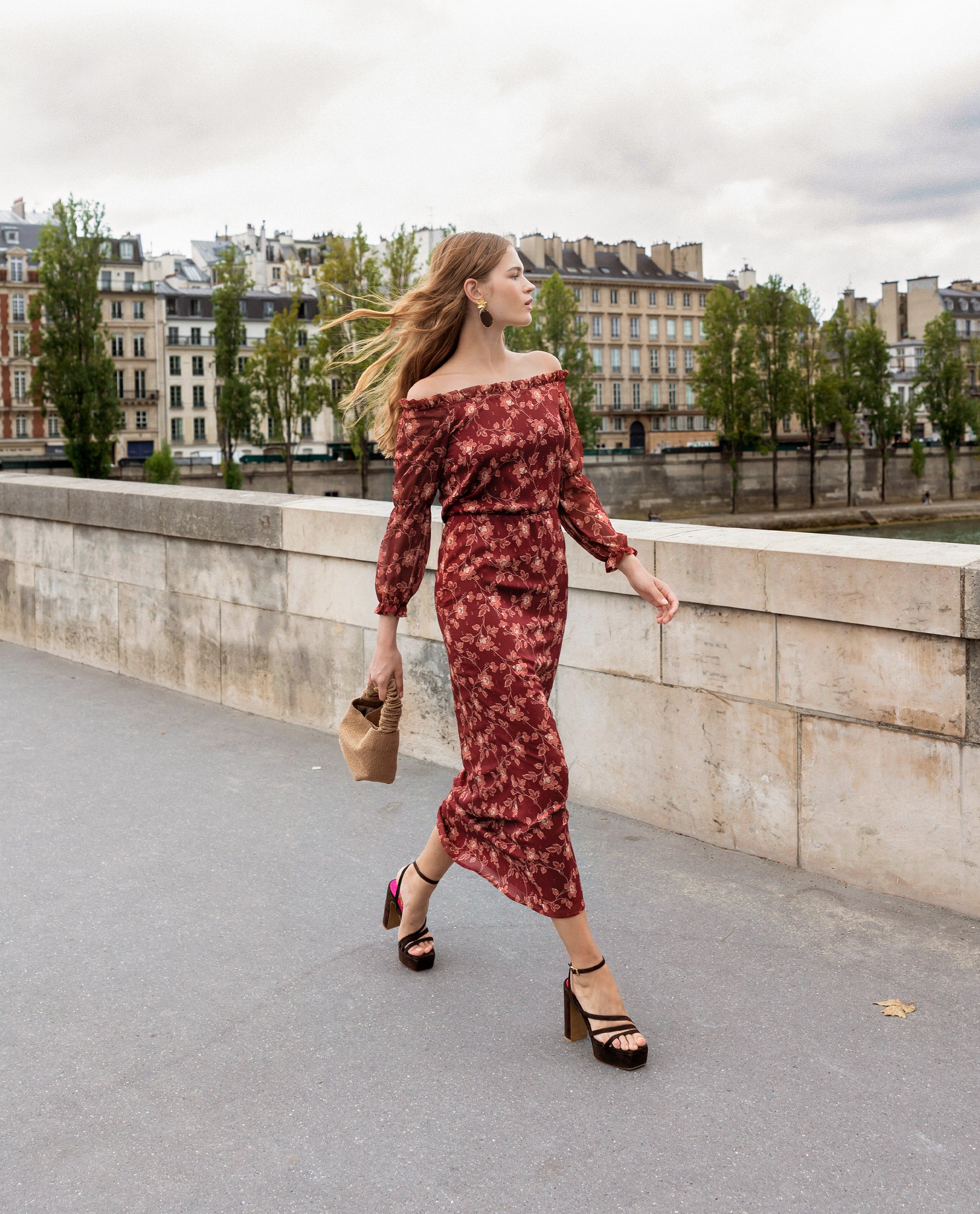 Vestido Midi Manga Larga Palabra de Honor Estampado Flores | Invitadas THE-ARE
