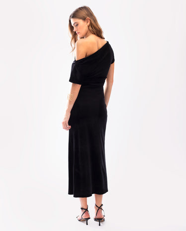 Vestido Negro Terciopelo Midi Escote Asimétrico con Manga Corta | Fiesta Navidad THE-ARE