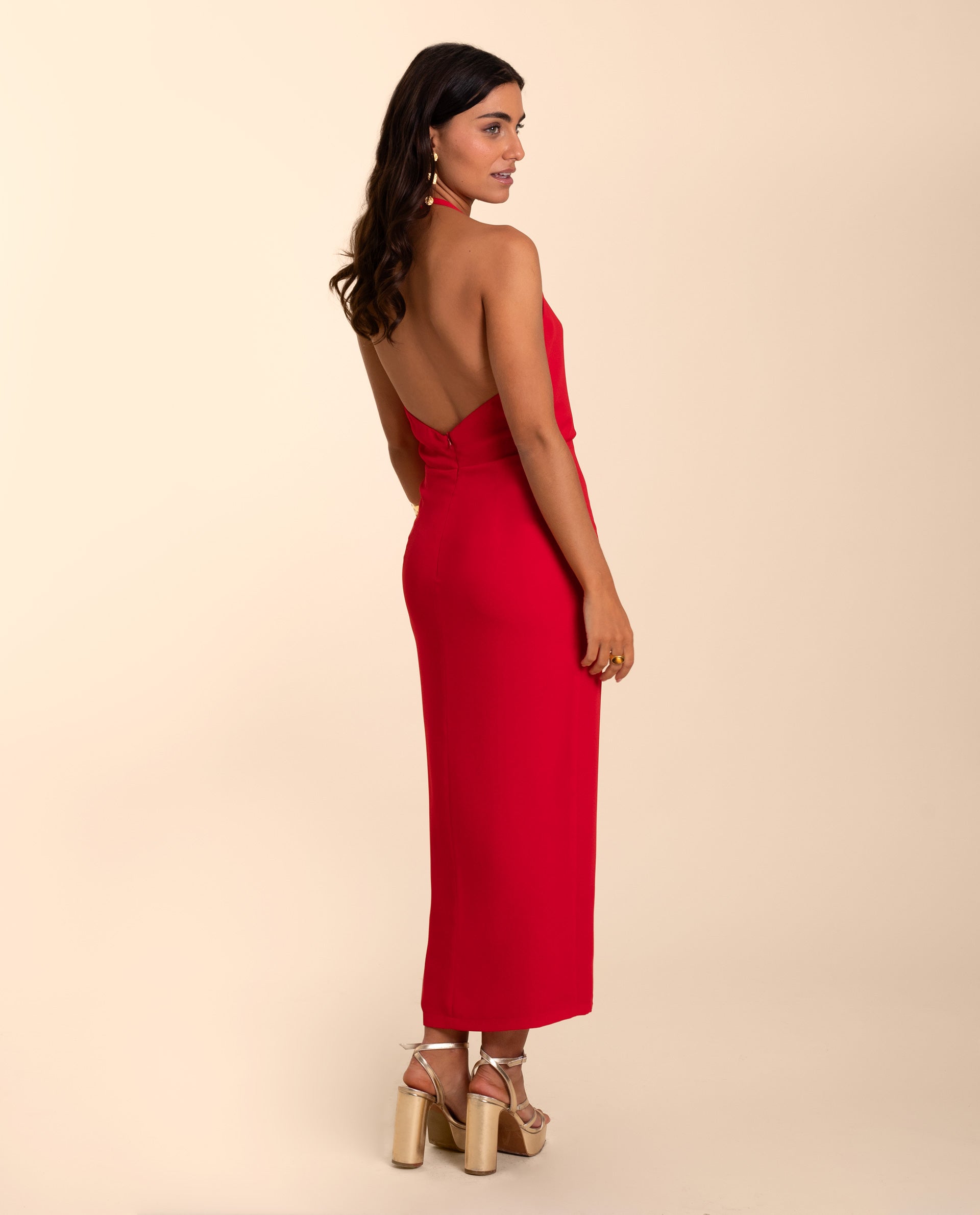 Red Midi Dress with Open Back and Crossover Neckline