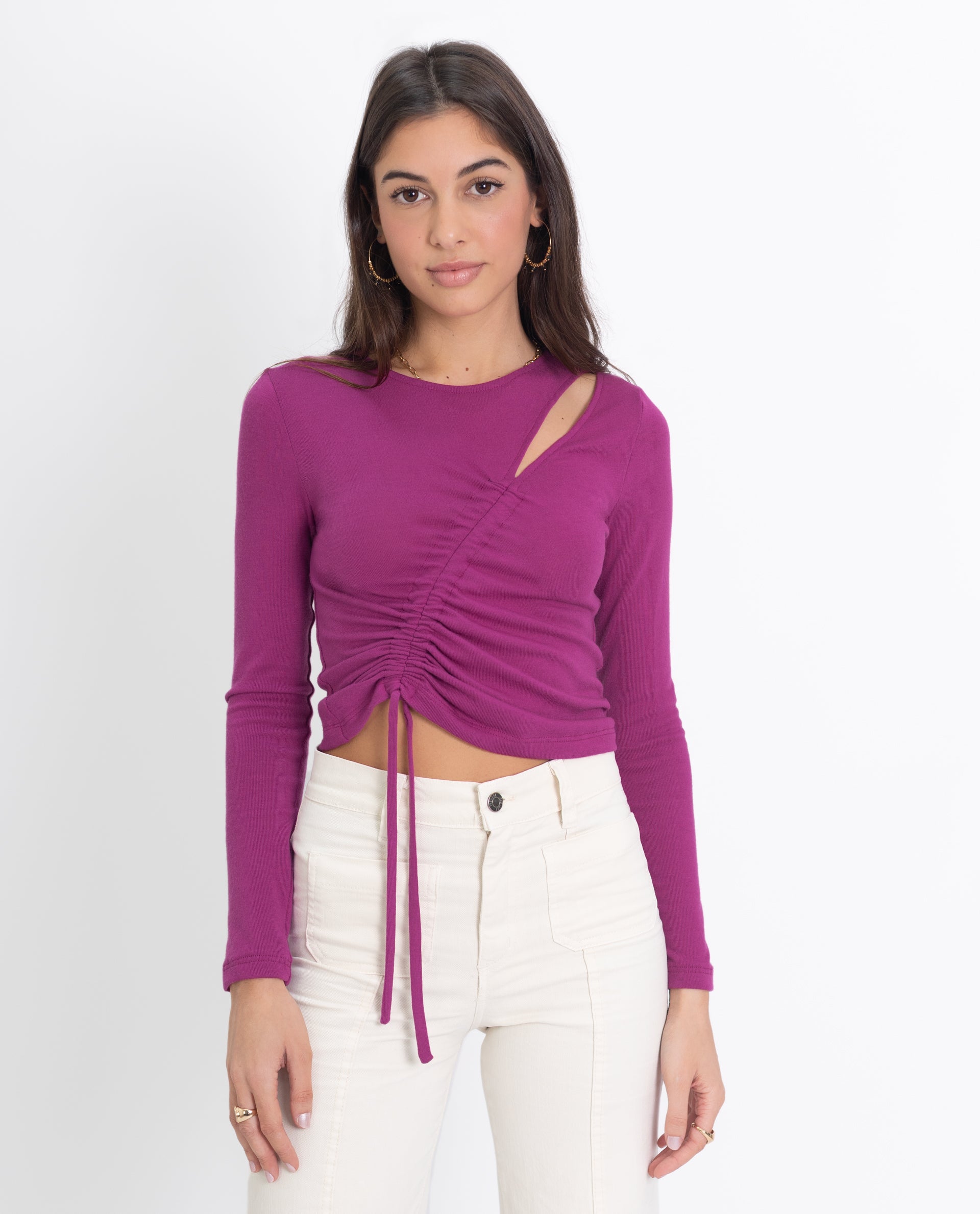 JERSEY FEELING GOOD | Jersey Fino Fucsia de Mujer con Fruncido y Abertura | THE-ARE